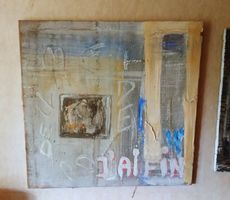 Grand tableau abstrait acryl sur jute - monogrammé