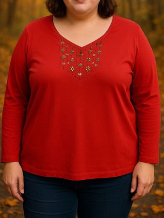 Longsleeve Gr XL Rot Boho V-Ausschnitt plussize  rot 35