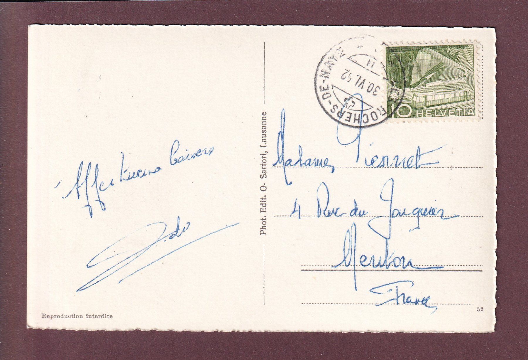 Cartoline postali: ROCHERS DE NAYE - 9 images - 1952 – Usato da Pully venduto da nicecards 1