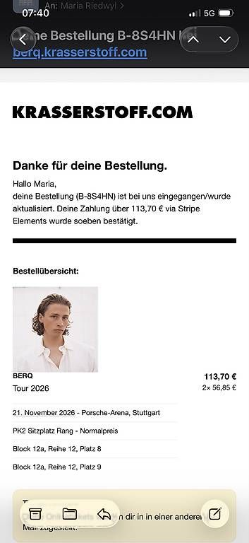 Biglietti: Berq Ticket 21.11.26 in Stuttgart – Usato da Schangnau venduto da rie_5bc6