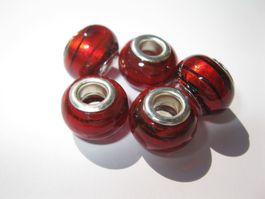 3 Grosslochperlen, Glas Beads rot, mit schwarzen Streifen