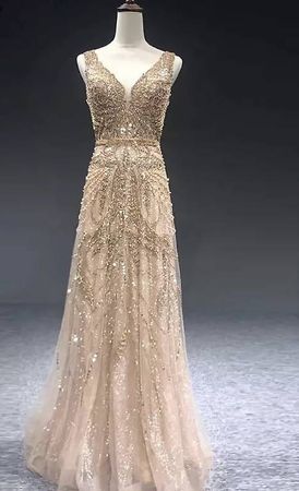 Abendkleid lang goldfarben mit Pailletten Grösse S