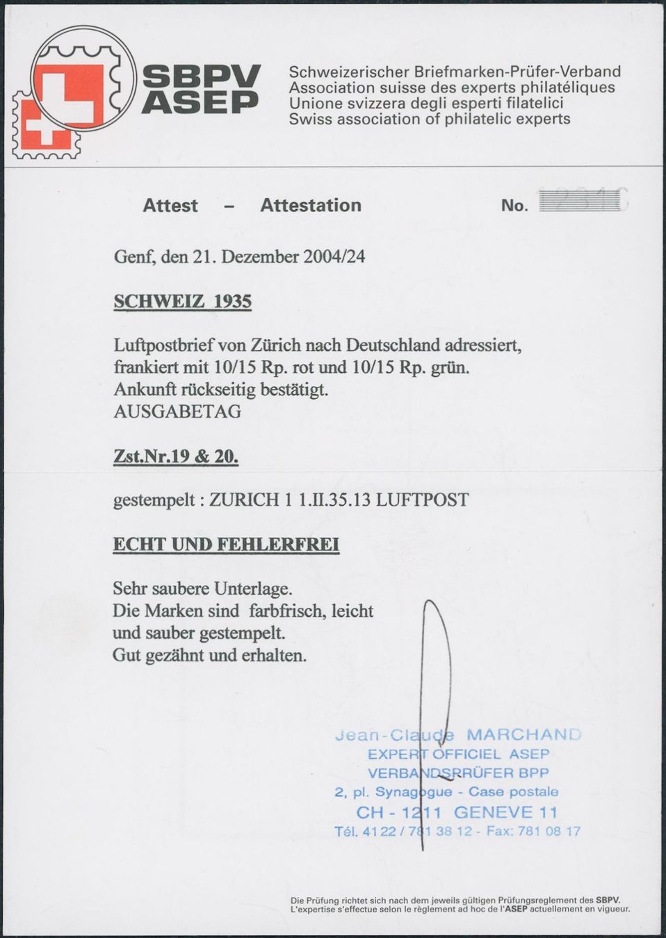 Tutti i francobolli: 1935 - Flugpost - Ersttagsbrief FDC ET – Usato da Schindellegi venduto da leecollect 2