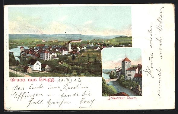Cartoline postali: Brugg, Schwarzer Thurm, Gesamtansicht au – Usato da Berlin venduto da bartko-reher