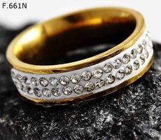 Edelstahl Ring Gold plattiert mit weissem Inlay Steinen neu