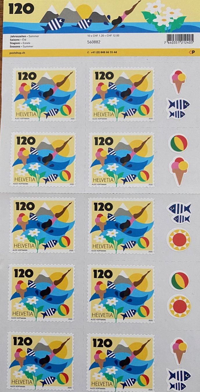 Tous les timbres: Kleibogen mit 10 Marken "SOMMER". Postfrisch – D'occasion à Aedermannsdorf par Sennahoy11