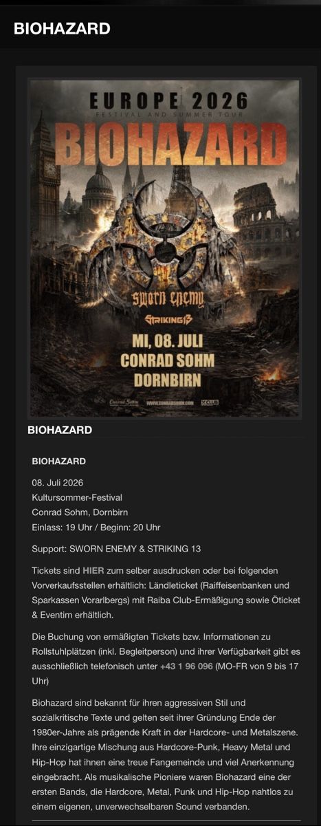 Biglietti: 2 Tickets Biohazard Dornbirn, 8.7.26 – Nuovo (secondo la descrizione) da St. Gallen venduto da jogranate