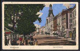 AK Schaffhausen, Post mit Bahnhof, 1911