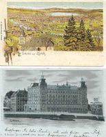 2 AK ZÜRICH 1899 +1900 MONDSCH LITHO GRD HOTEL BELLEVUE etc.