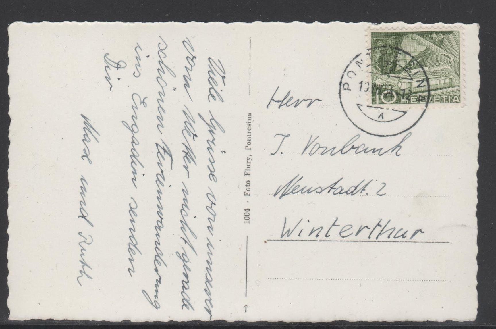 Ansichtskarten: Ansichtskarte Pontresina 1954 – Gebraucht aus Remetschwil von Hofiii 1