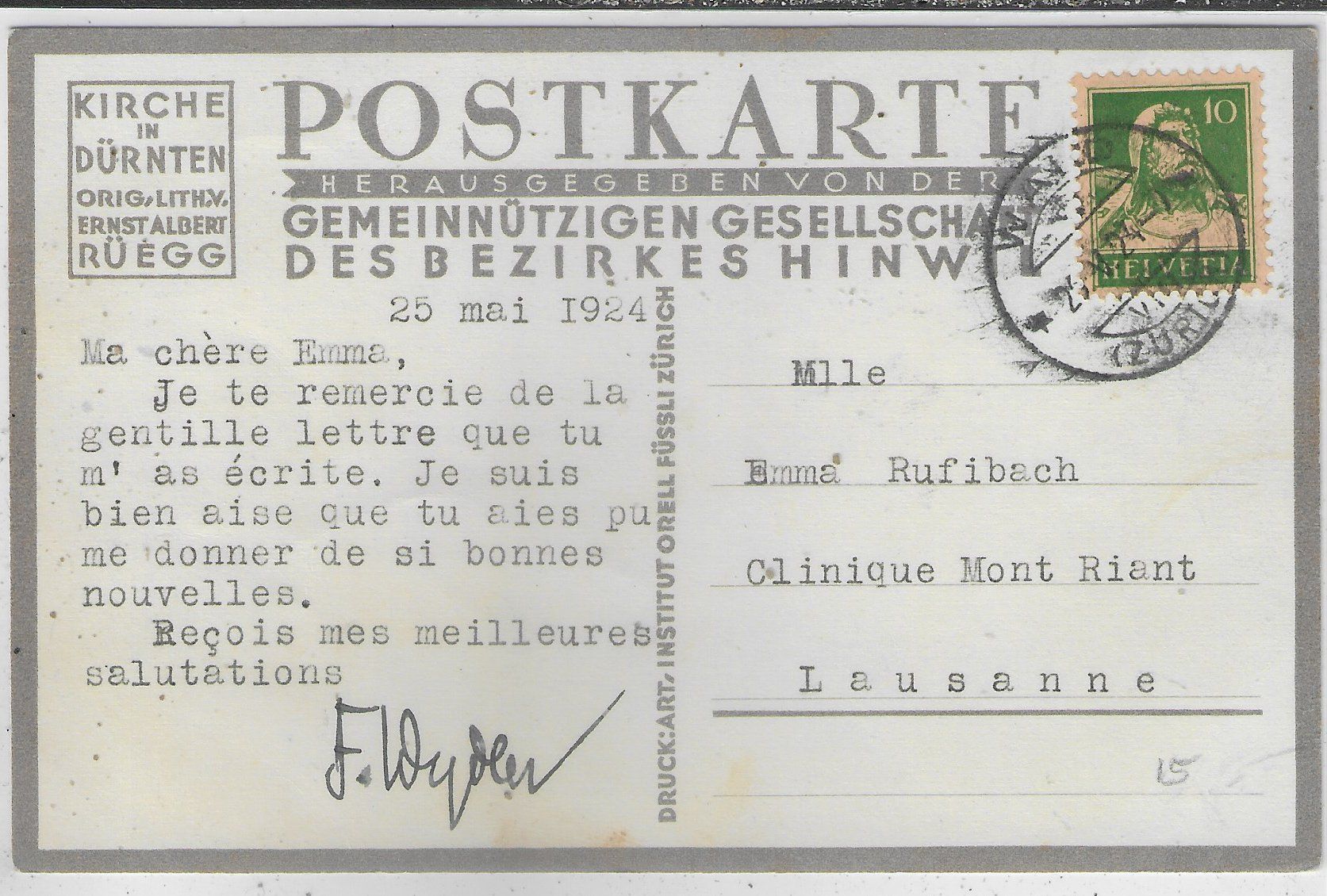 Cartoline postali: Kirche in Dürnten - Litho Ernst Albert Rüegg – Usato da Ettingen venduto da Kartenplanet 1