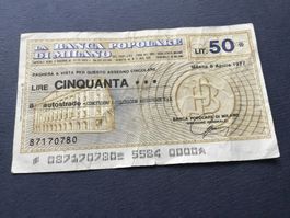 NOTGELD ,50 Lire Banca popolare di Milano ,Autobahn 8/4/1977