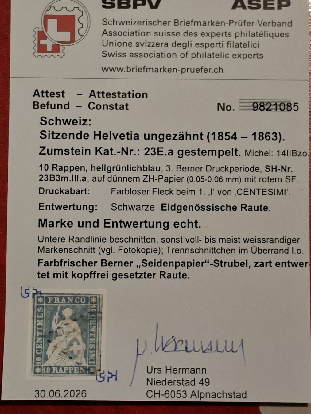 Tous les timbres: Strubel 23 E.a mit Attest Kat. 600.- – D'occasion à Balgach par SIMEON27 2