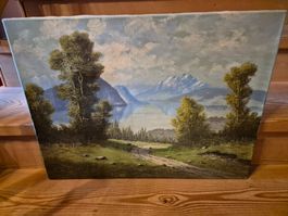 Ölgemälde, H. Meier signiert, Landschaft mit See, Vintage