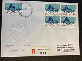 Schweiz 1966 ill. R-Ersttagsbrief Alpen Finsteraarhorn 4er+1