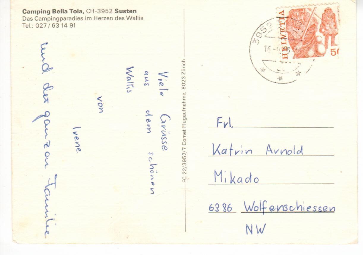 Cartoline postali: Camping Bella Tola Susten – Usato da Wolhusen venduto da Curver9 1