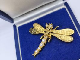 Vintage Brosche Libelle mit Faux Perlen vergoldet 