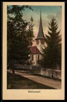 AK Rüderswil, Kirche mit Uhrturm zwischen Bäumen