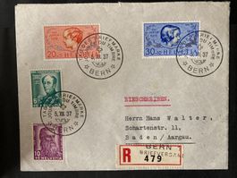 Schweiz 1937 R-Brief Satz Pro Juventute Tag der Briefmarke B