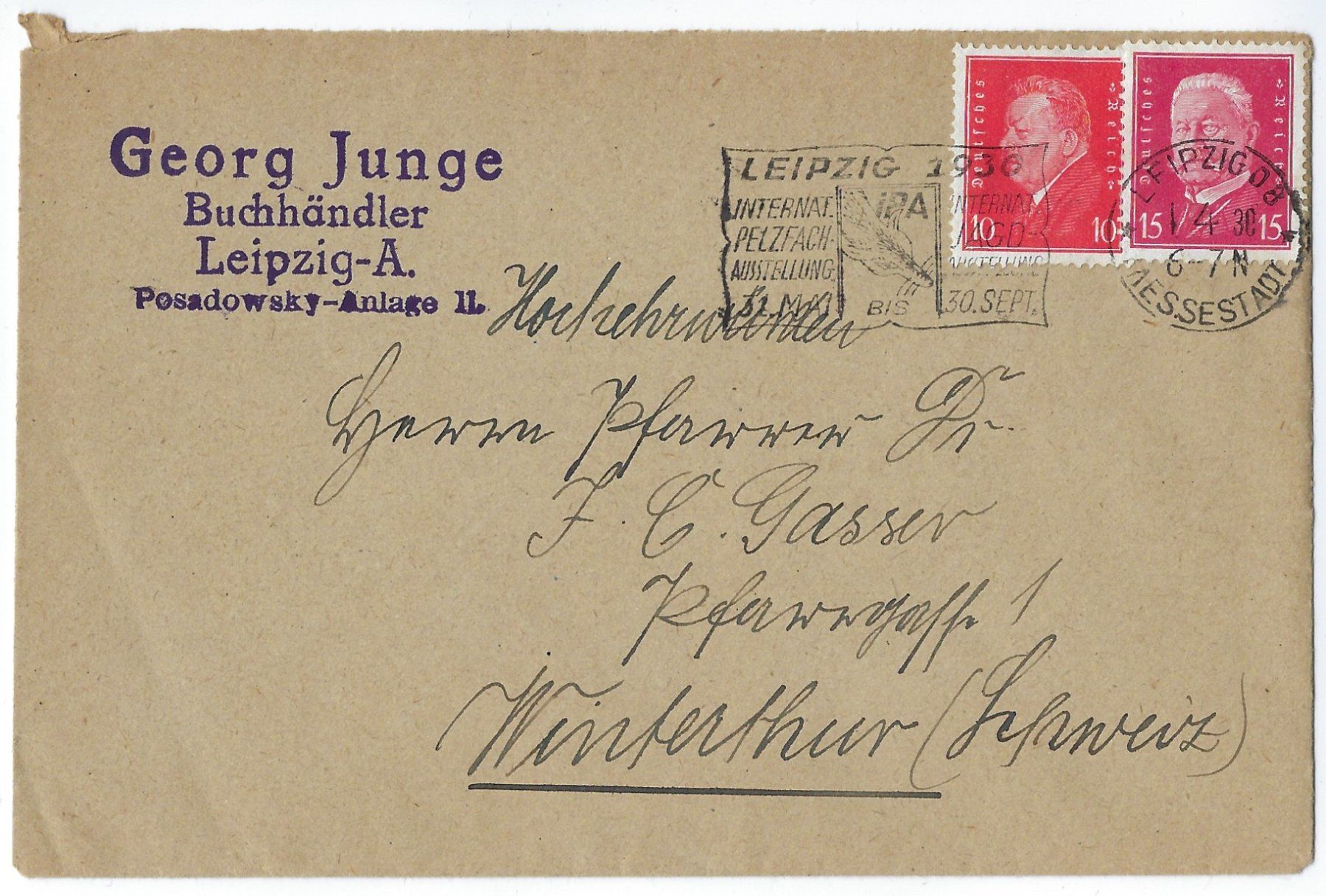 Tutti i francobolli: 1930 Brief von Leipzig nach Winterthur – Usato da Morgarten venduto da mech58