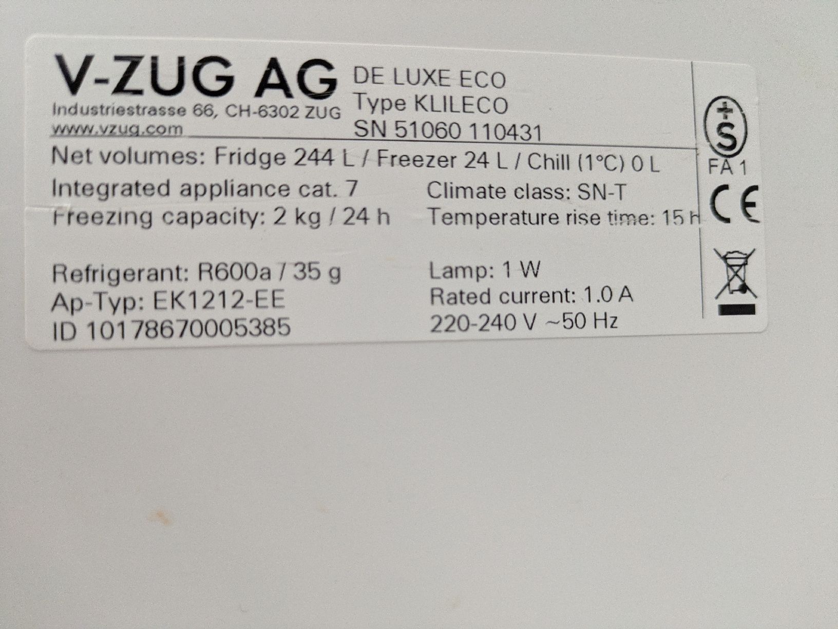 V-Zug Kühlschrank: Kühlschrank V-Zug De Luxe Eco – Gebraucht aus Winterthur von roman_hauser 2