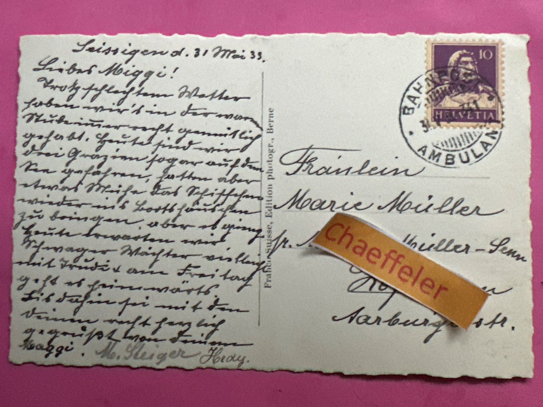 Ansichtskarten: 1933 Leissigen am Thunersee. – Gebraucht aus Zürich von Chaeffeler 1