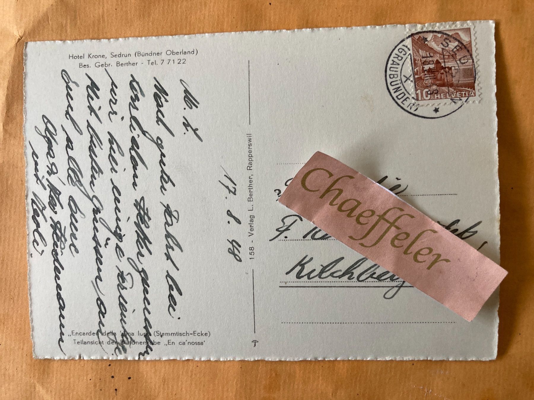 Cartoline postali: 1948 Hotel Krone, Sedrun – Usato da Zürich venduto da Chaeffeler 1
