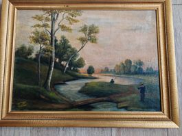 Grand tableau à l'huile ancien signé J. Fayet