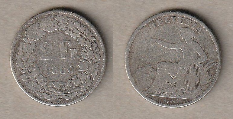 Alle Münzen: 2 Franken 1860 --- sitzende Helvetia ---- – Gebraucht aus Allschwil von Coinfreak