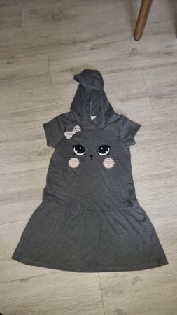 Süsses Katzenkleid Mädchen Gr. 122 128 Kurzarm Hoodie Grau