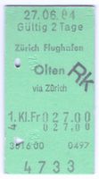 Billette ZH Flughafen – Olten via Zürich mit Rk gestempelt