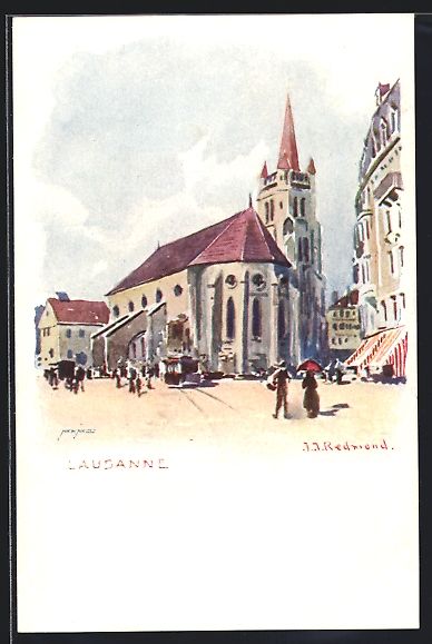 Cartoline postali: Litho Lausanne, Strassenpartie mit Kirch – Usato da Berlin venduto da bartko-reher