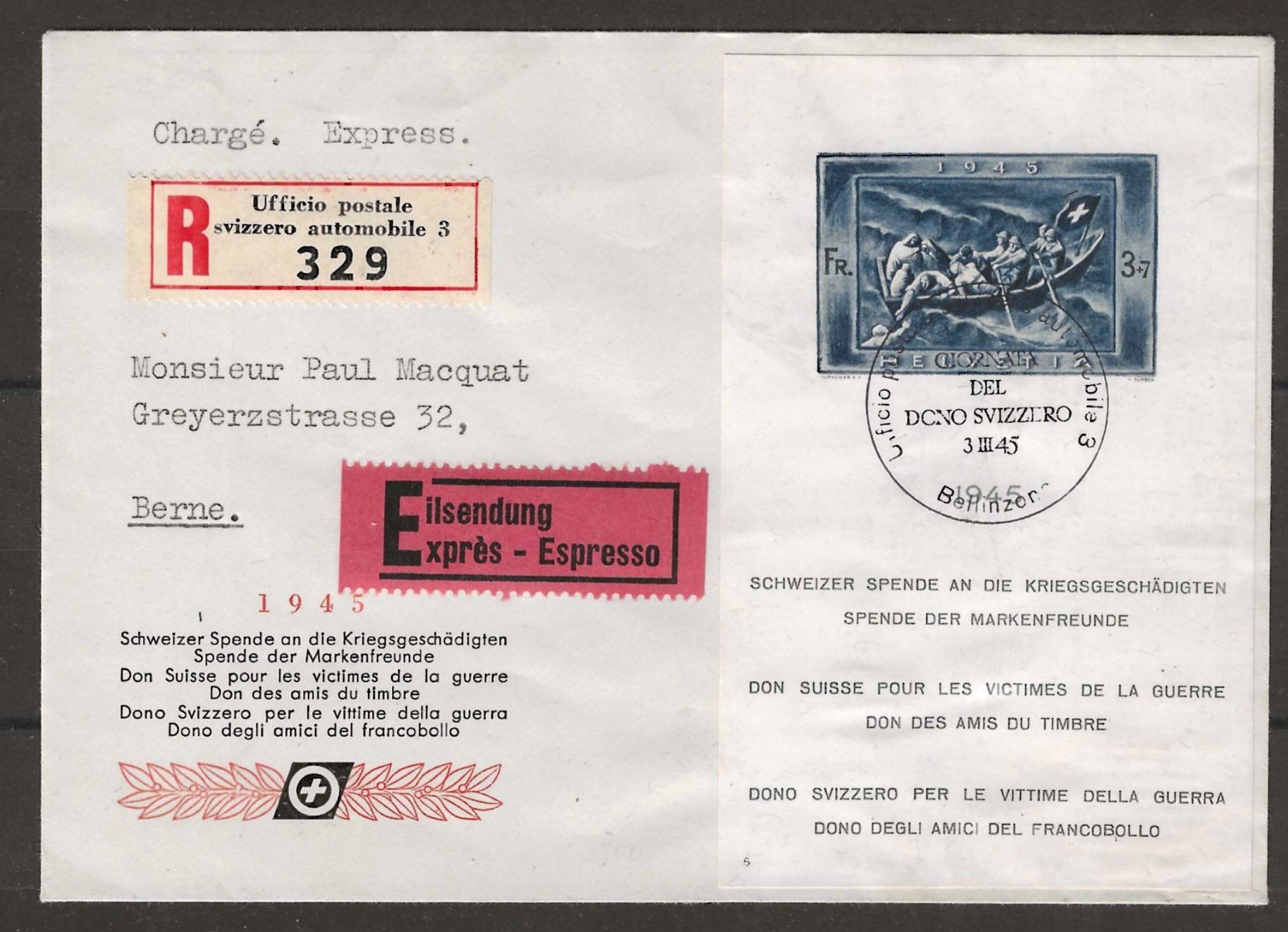 Tutti i francobolli: 1945 : Spendeblock W21 auf R-Express Brief – Usato da Gümligen venduto da Geniusbuy