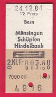 KARTON BILLETT ,BERN - HINDELBANK ,2.KLASSE, RETOUR, HALBTAX