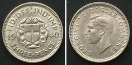 England 3 Pence 1940 GEORGE VI. Silber ERHALTUNG! unz