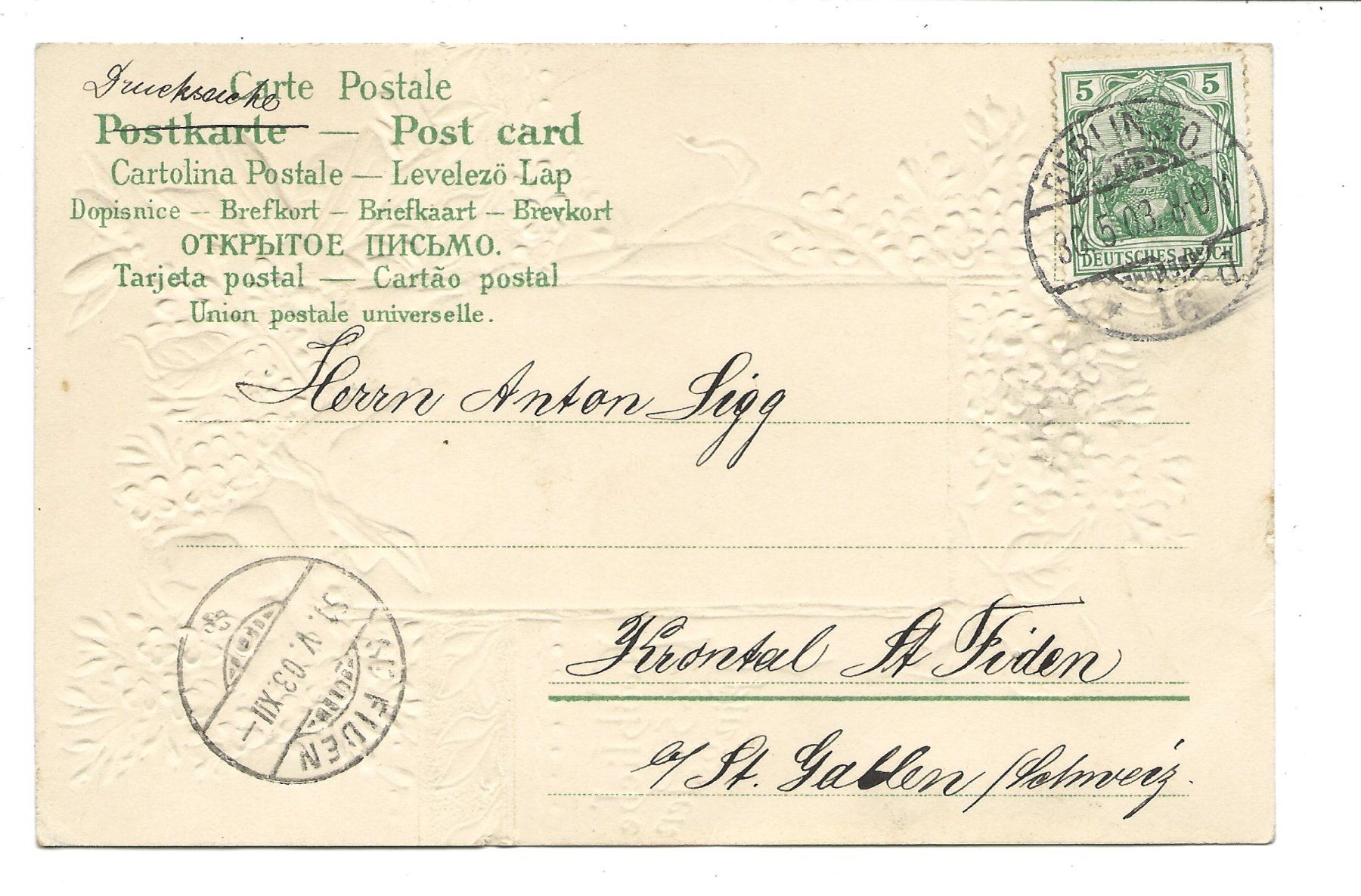 Cartoline postali: Fröhliche Pfingsten - Maikäfer - Kind - Präge-Litho - 1903 – Usato da Engelburg venduto da Cartophil 1