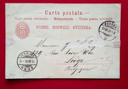 GANZSACHE AUSLAND MOUDON VIA BERN LIEGE BELGIEN 1888