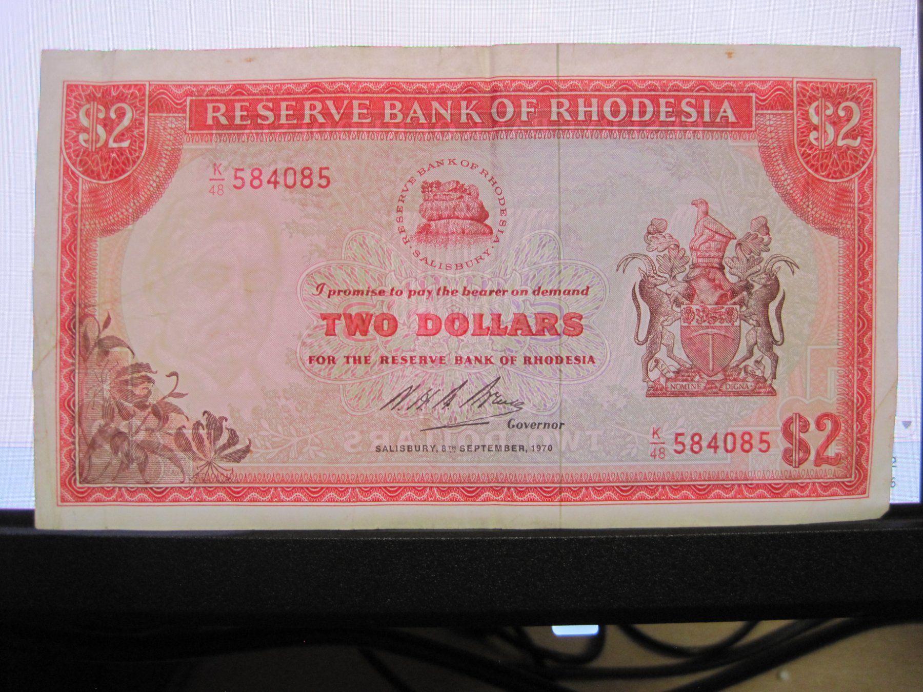 Banknoten: EINE 2 RHODESIAN DOLLAR BANKNOTE 1970 – Gebraucht aus Adliswil von Eusebiuss 1