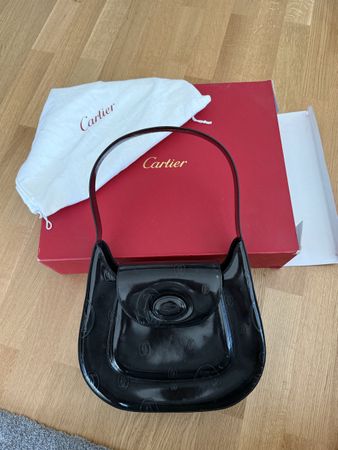 " CARTIER Cartier Black Glossy Logo Embossed Leather Flap