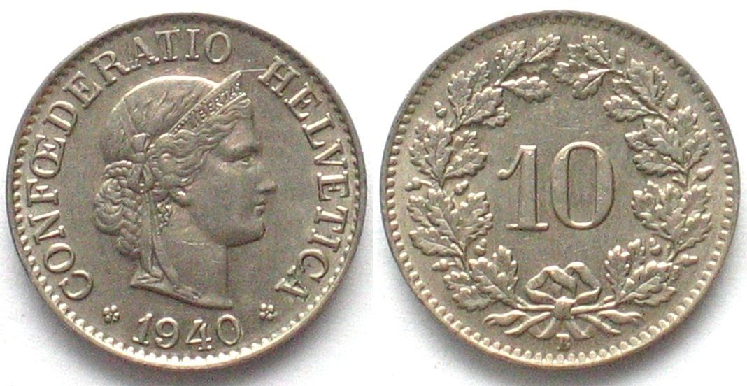 Alle Münzen: Schweiz EIDGENOSSENSCHAFT 10 Rappen 1940 Ku-Ni – Gebraucht aus Riehen von sesambestcoins2004