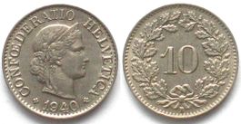 Schweiz EIDGENOSSENSCHAFT 10 Rappen 1940 Ku-Ni