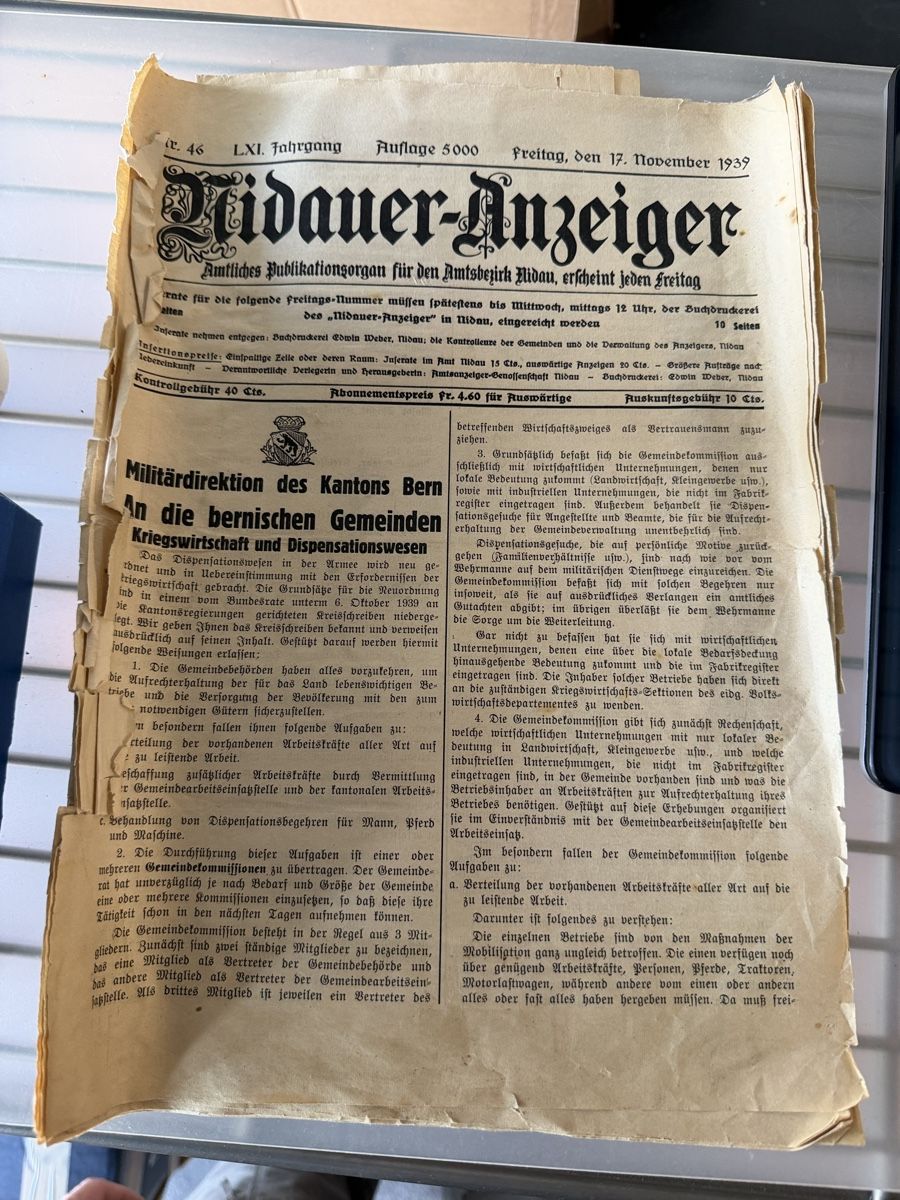 Riviste & Magazine: Nidauer Anzeiger, Schweizer Zeitung von 1939 – Difettoso da Lyss venduto da nekoreh