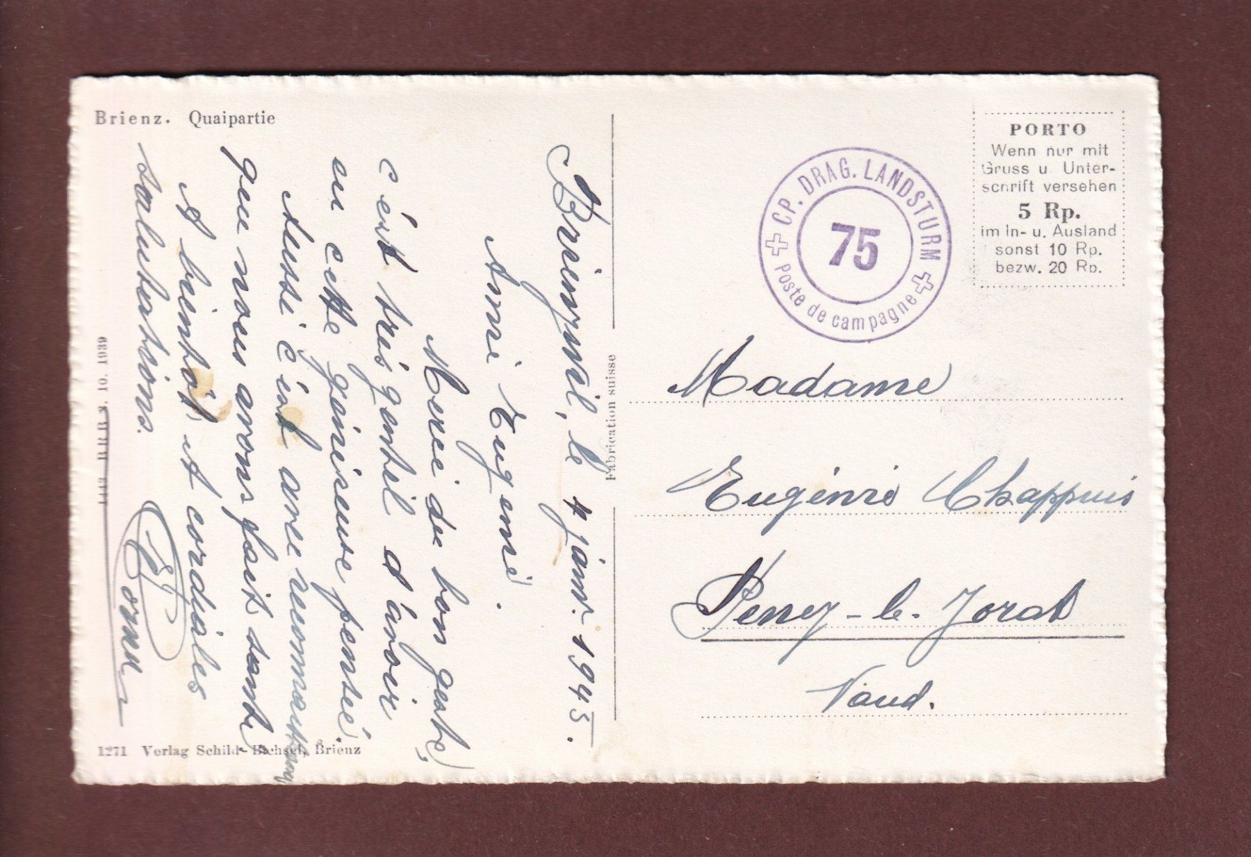 Cartoline postali: BRIENZ - Quaipartie - 1945 Feldpost – Usato da Pully venduto da nicecards 1