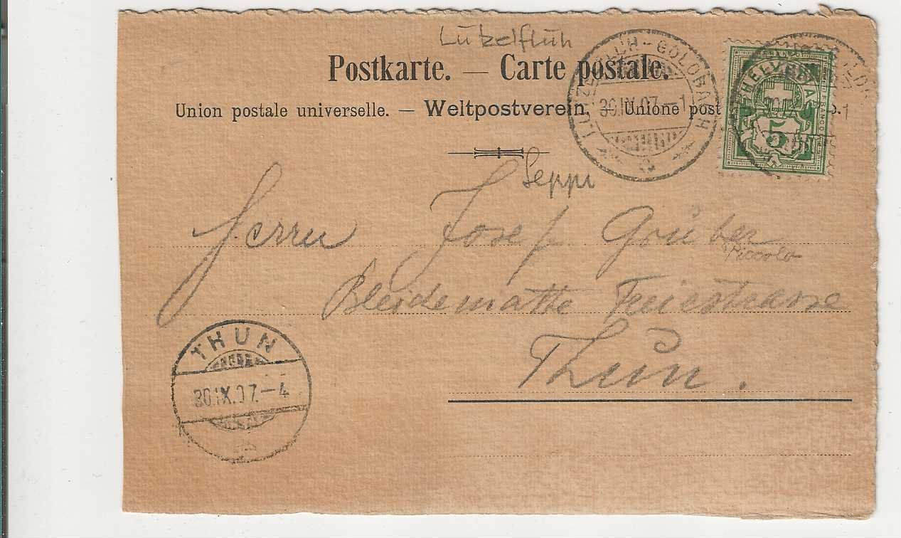 Ansichtskarten: Lützelflüh-Walddhaus, 1907, Litho – Gebraucht aus Spiez von Niesen20 1