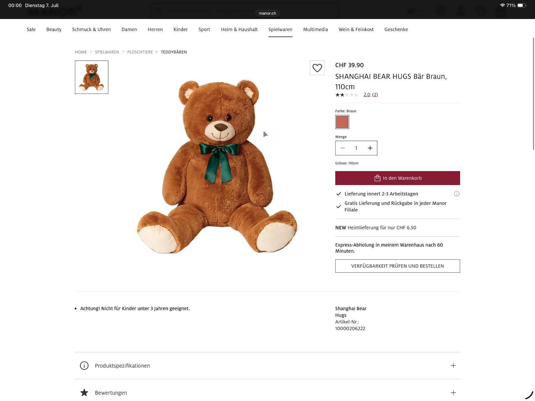 Manor Giocattoli: SHANGHAI BEAR HUGS Bär Braun, 110cm – Nuovo (secondo la descrizione) da Wetzikon ZH venduto da speedmas
