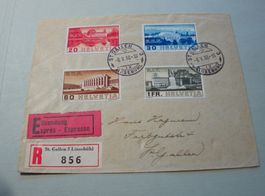 R-Eil-Brief 1938, Satz Gebäude des Völkerbundes, sauber - o