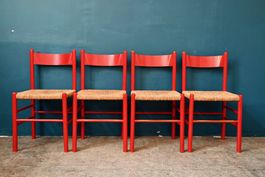4 chaises italiennes années 60 bois rouge et paille
