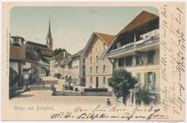 Gruss aus Burgdorf 1902 Metzgergasse belebt Litho