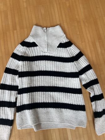 Pullover Damen beige gestreift mit Reissverschluss Groesse S