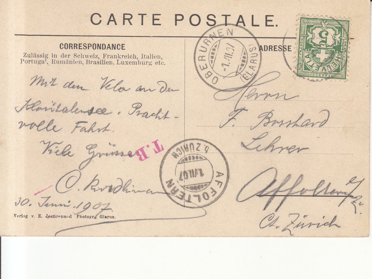 Ansichtskarten: Klöntalersee 1907 – Gebraucht aus Bürglen TG von StampGraf 1